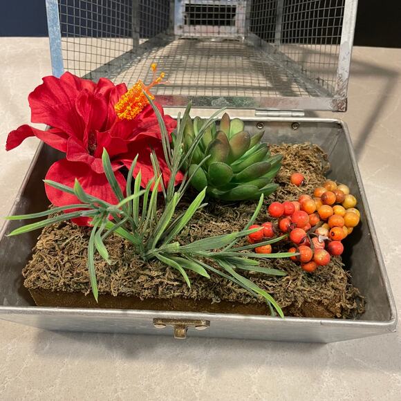 Galvanized metal faux flower terrarium cottage country home decor latch to open - Picture 3 of 8